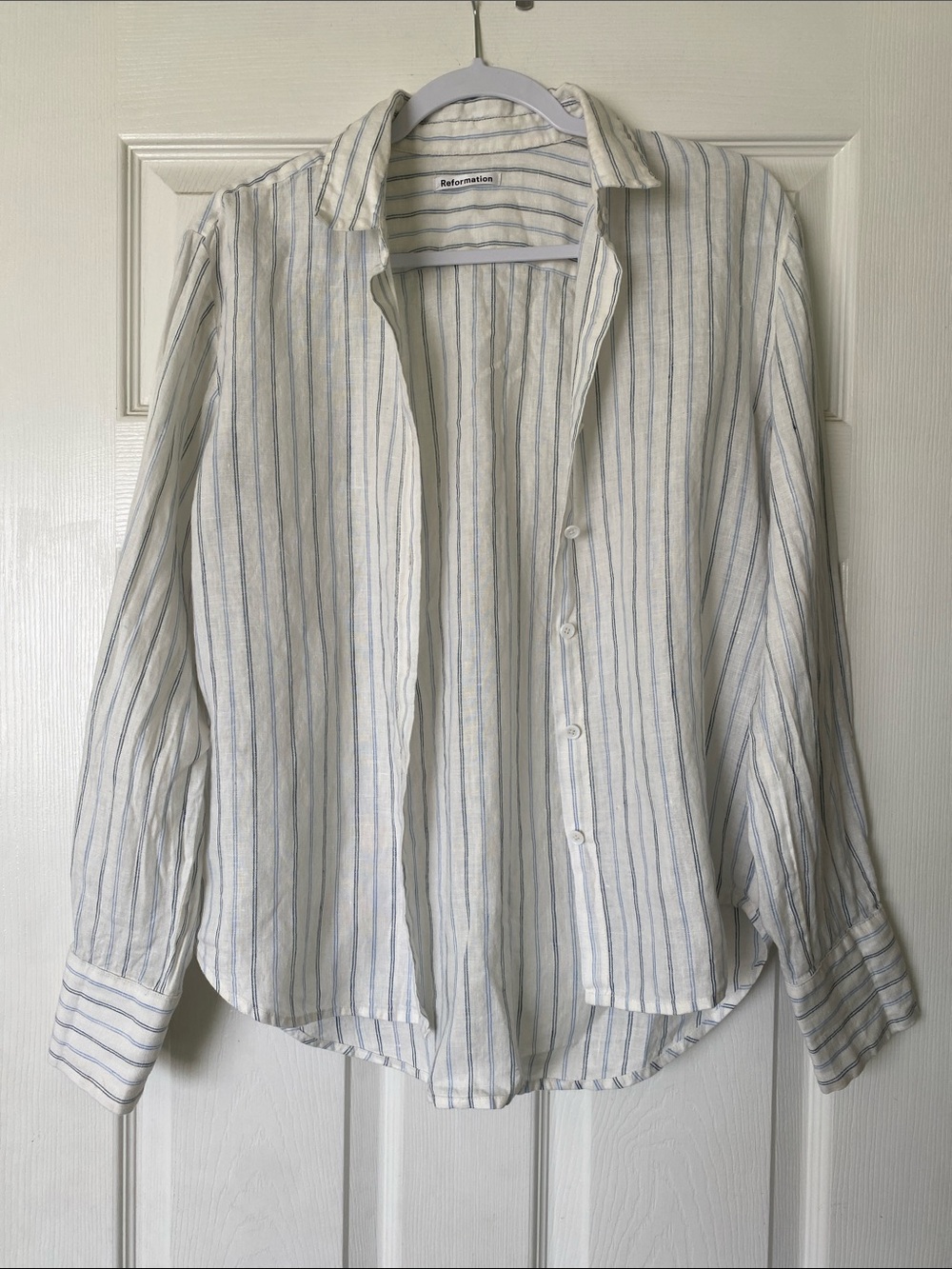 Reformation Preston Linen Shirt in Blue Jersey Stripe - Picture 2 of 11